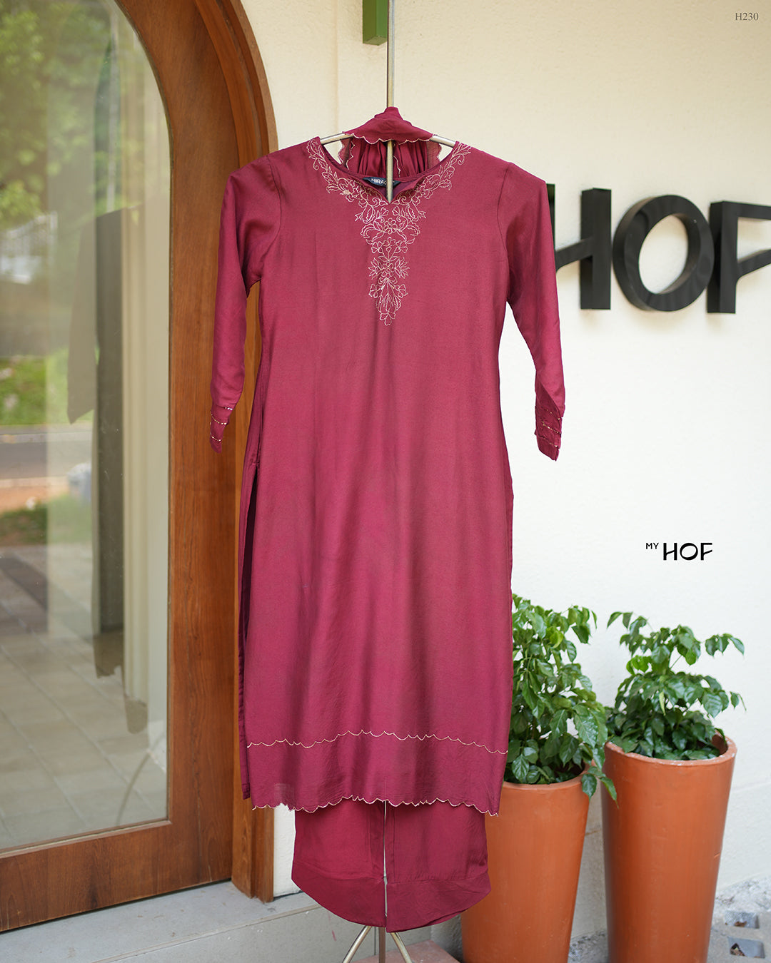 MyHof Bright Maroon Suit Set With Golden Thread Work In Muslin
