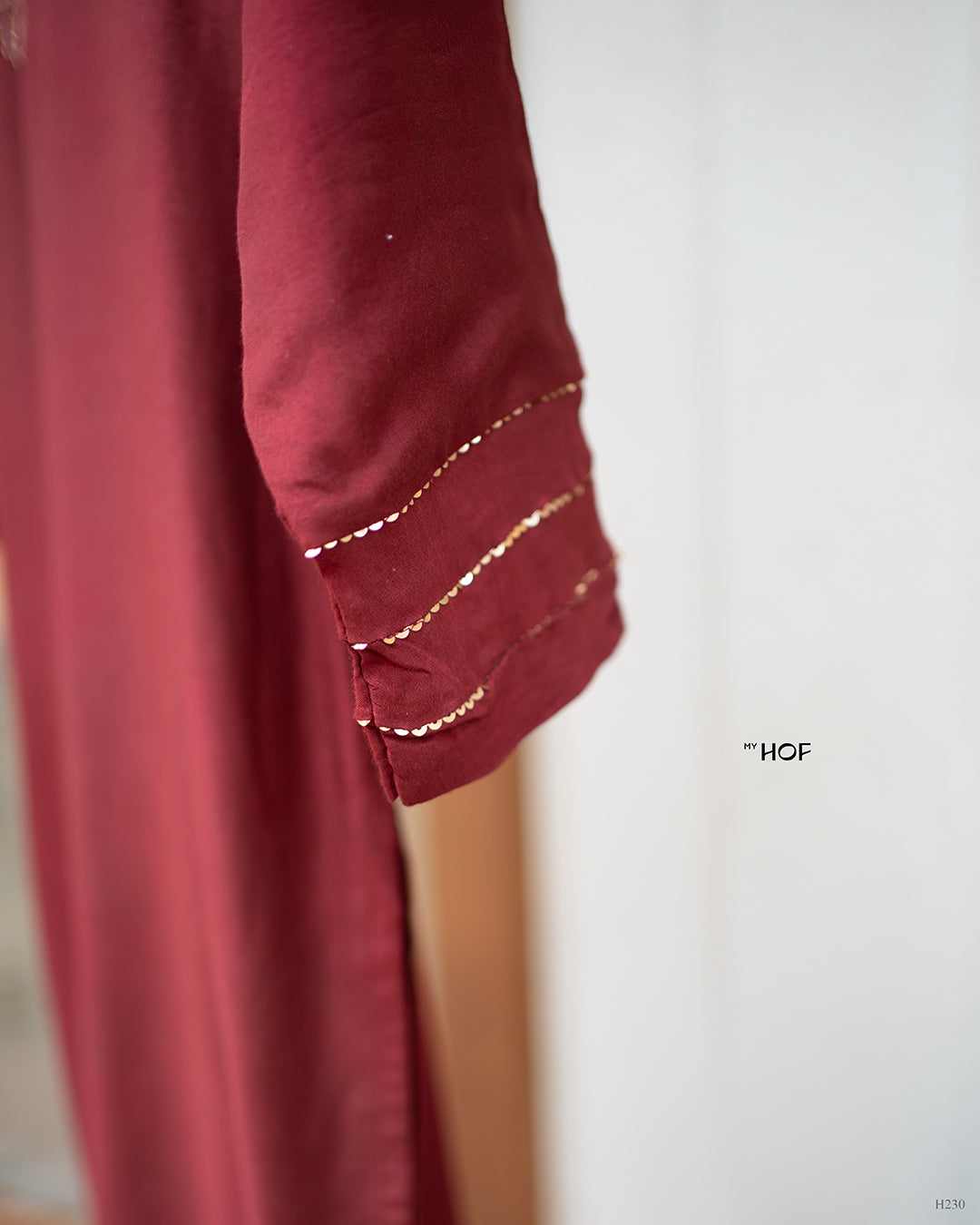 MyHof Bright Maroon Suit Set With Golden Thread Work In Muslin