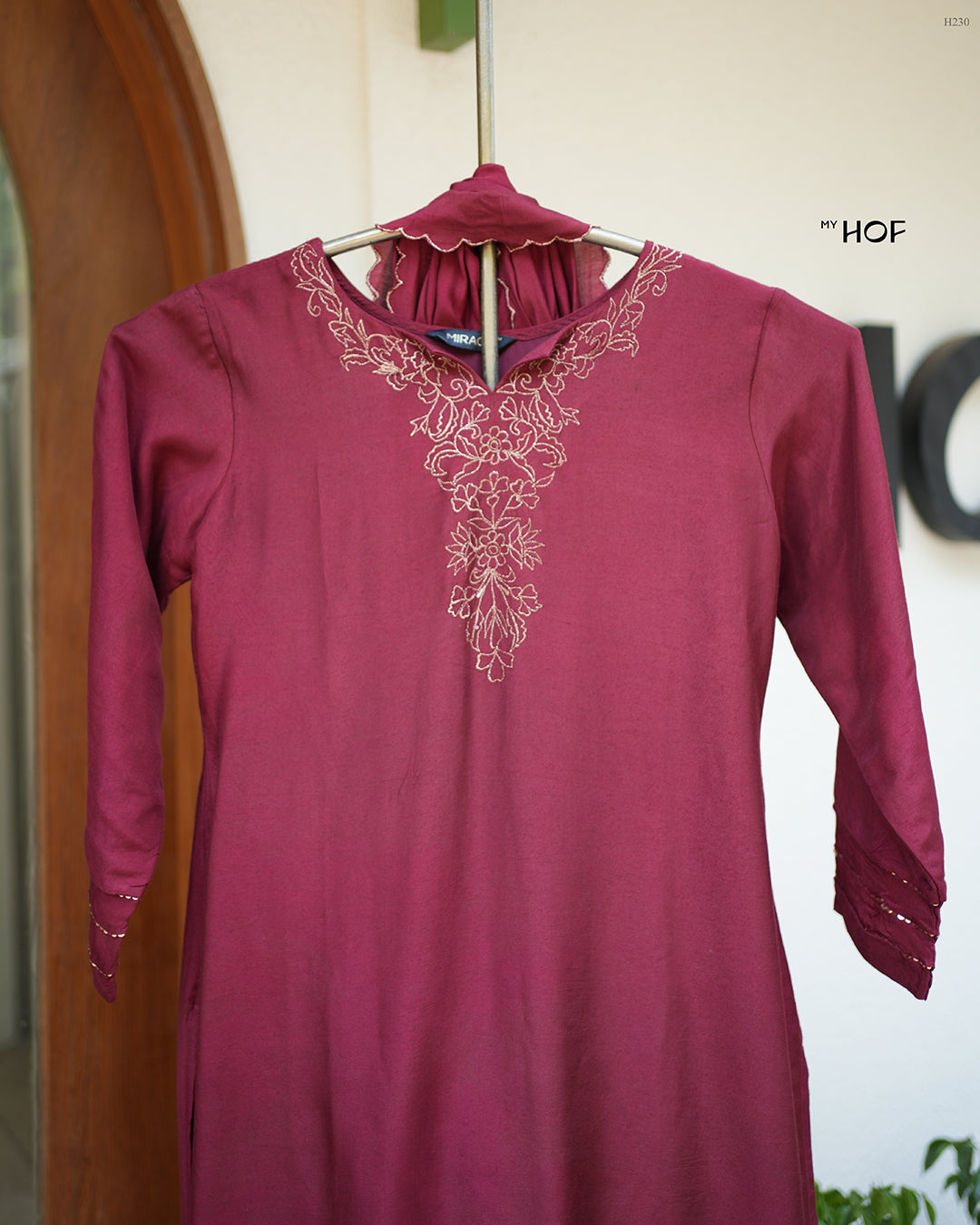 MyHof Bright Maroon Suit Set With Golden Thread Work In Muslin