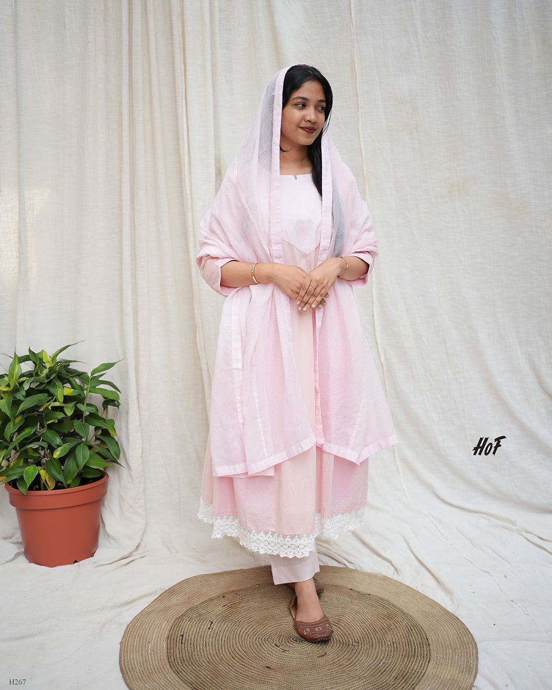 MyHof Baby Pink Suit Set With Kota Checks Dupatta In Cotton