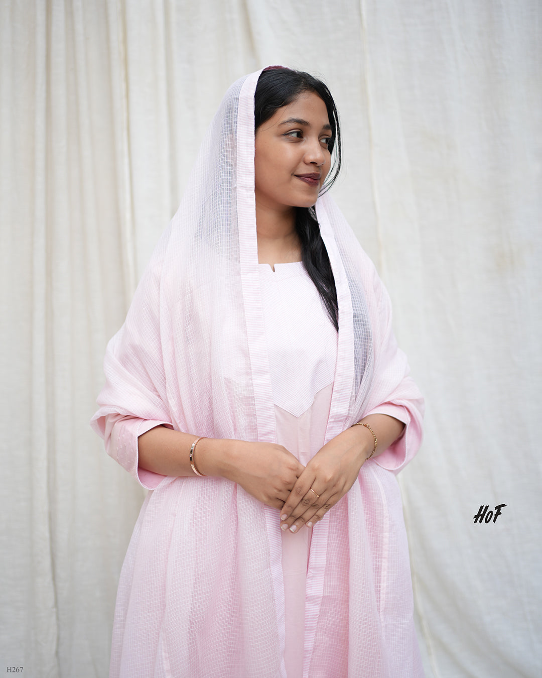 MyHof Baby Pink Suit Set With Kota Checks Dupatta In Cotton