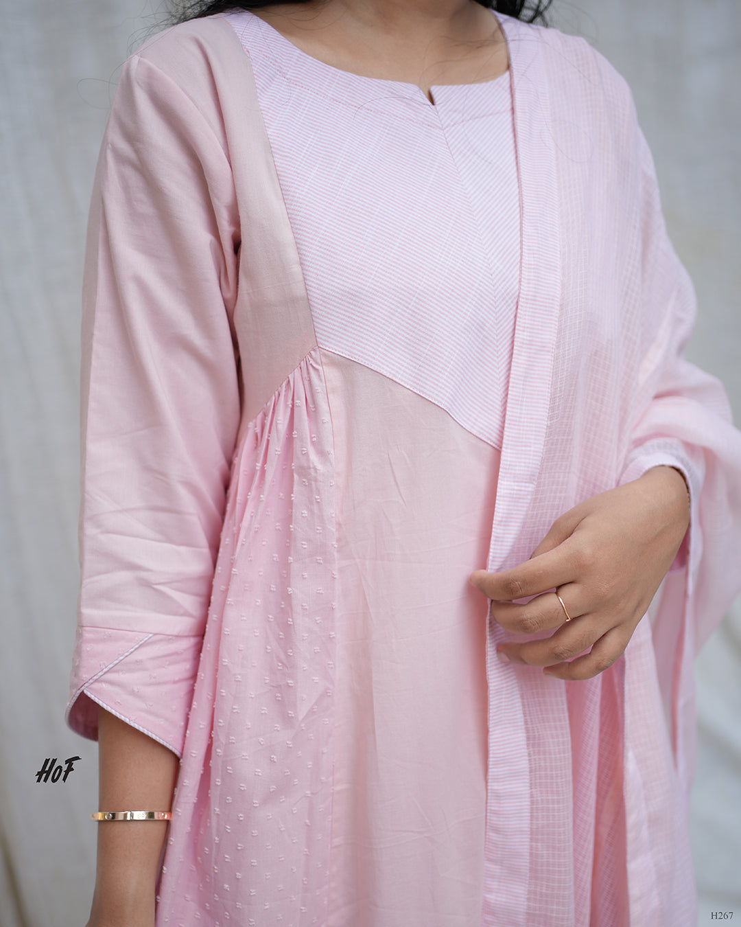 MyHof Baby Pink Suit Set With Kota Checks Dupatta In Cotton