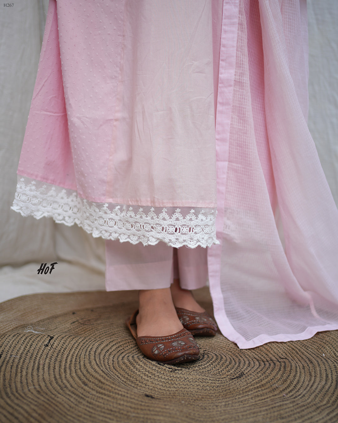 MyHof Baby Pink Suit Set With Kota Checks Dupatta In Cotton