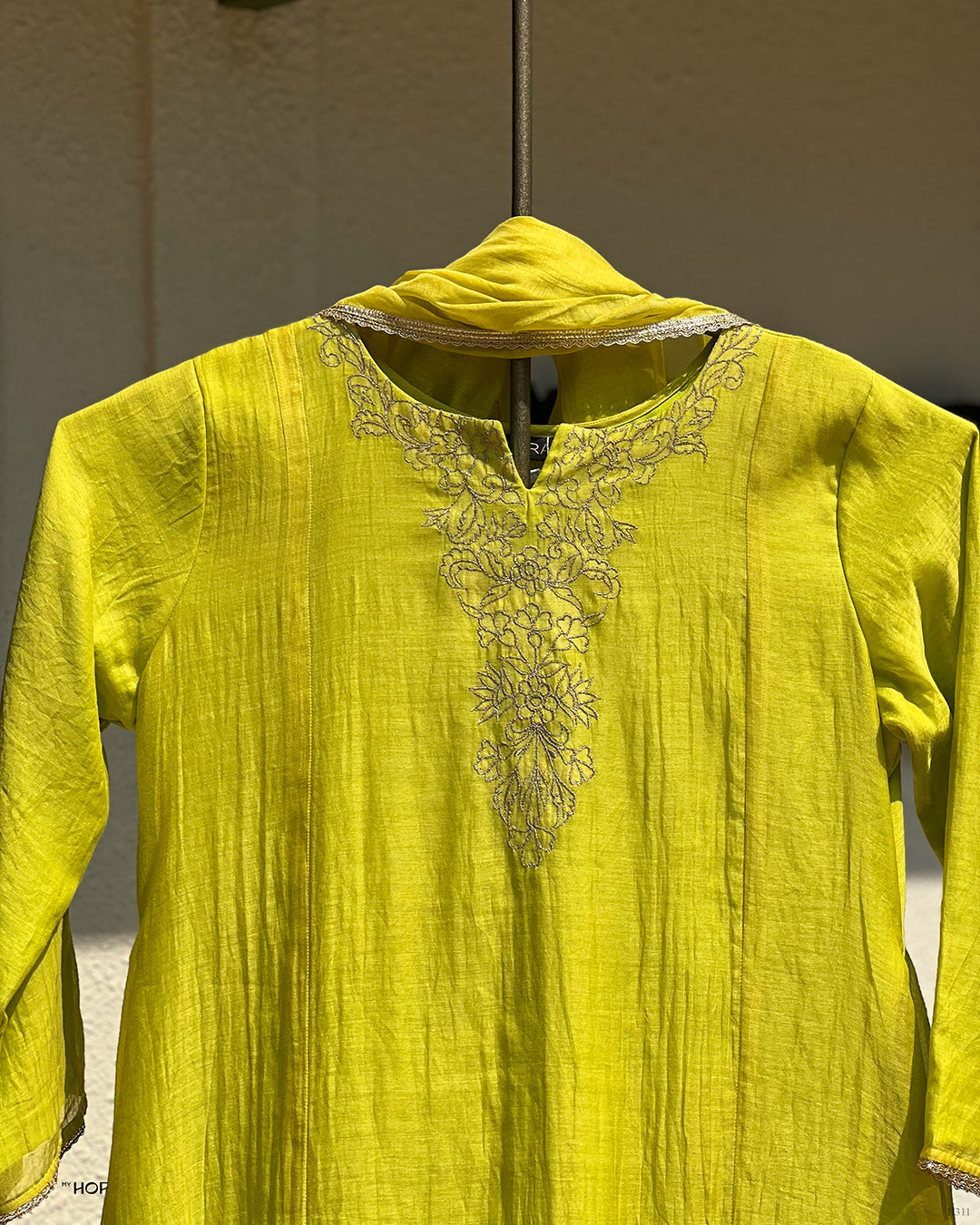 MY HOF Lemon Green Suit Set In Mul Chanderi