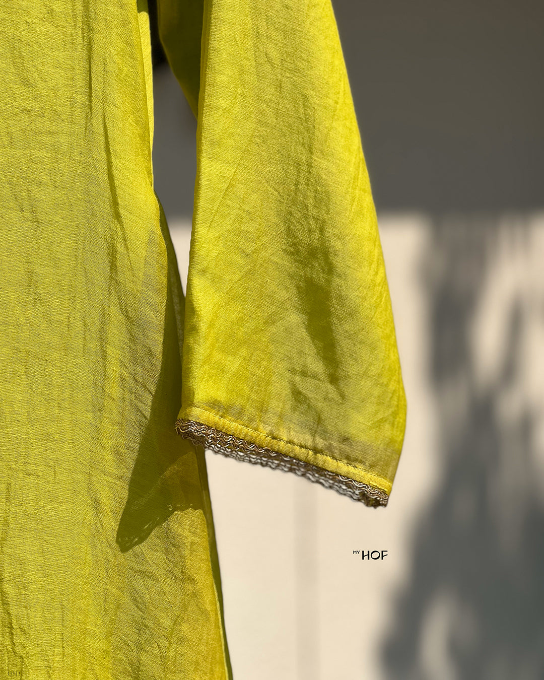 MY HOF Lemon Green Suit Set In Mul Chanderi