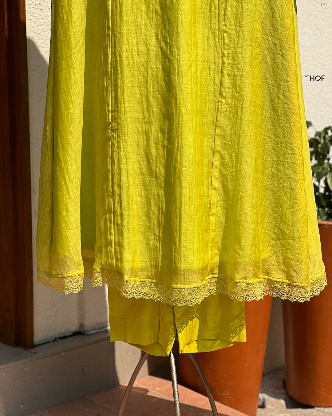 MY HOF Lemon Green Suit Set In Mul Chanderi