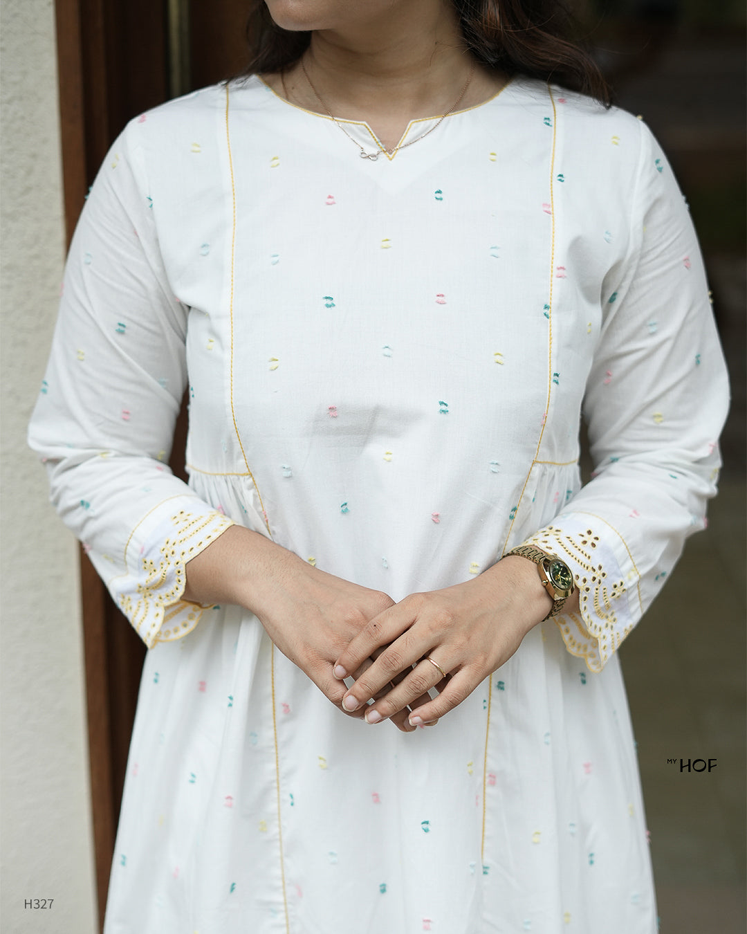 MY HOF White Suit Set With Multi Color Striped Dupatta In Cotton