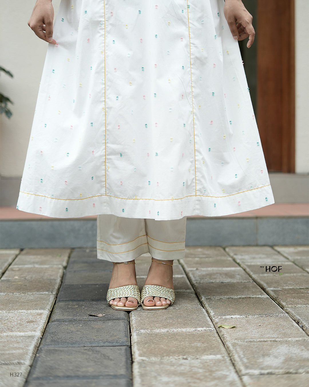 MY HOF White Suit Set With Multi Color Striped Dupatta In Cotton