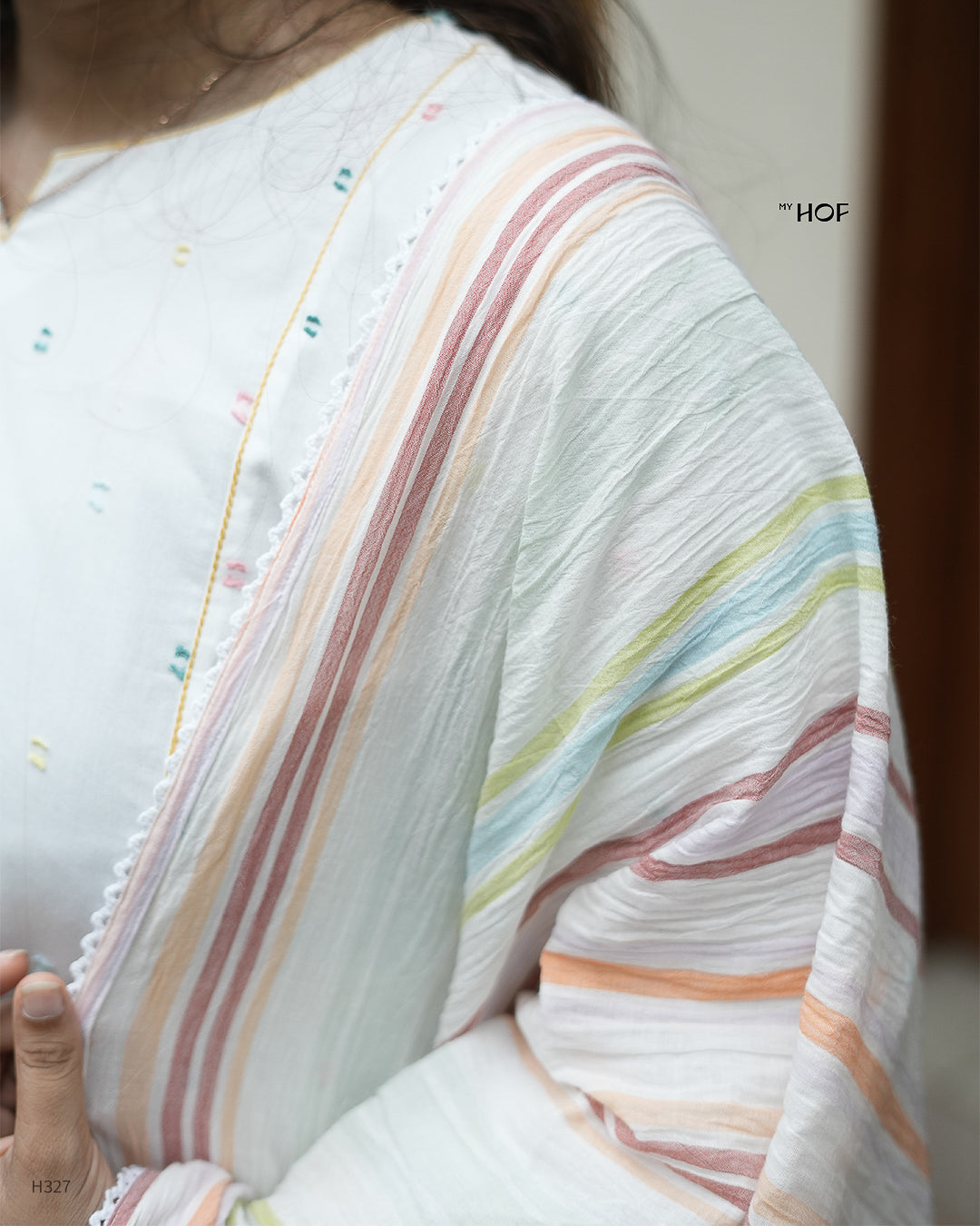 MY HOF White Suit Set With Multi Color Striped Dupatta In Cotton