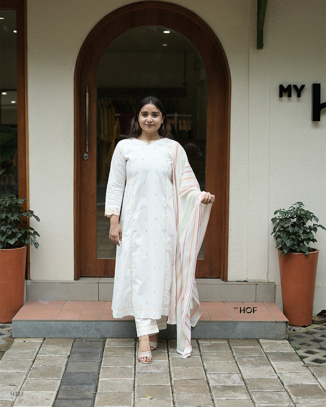 MY HOF White Suit Set With Multi Color Striped Dupatta In Cotton