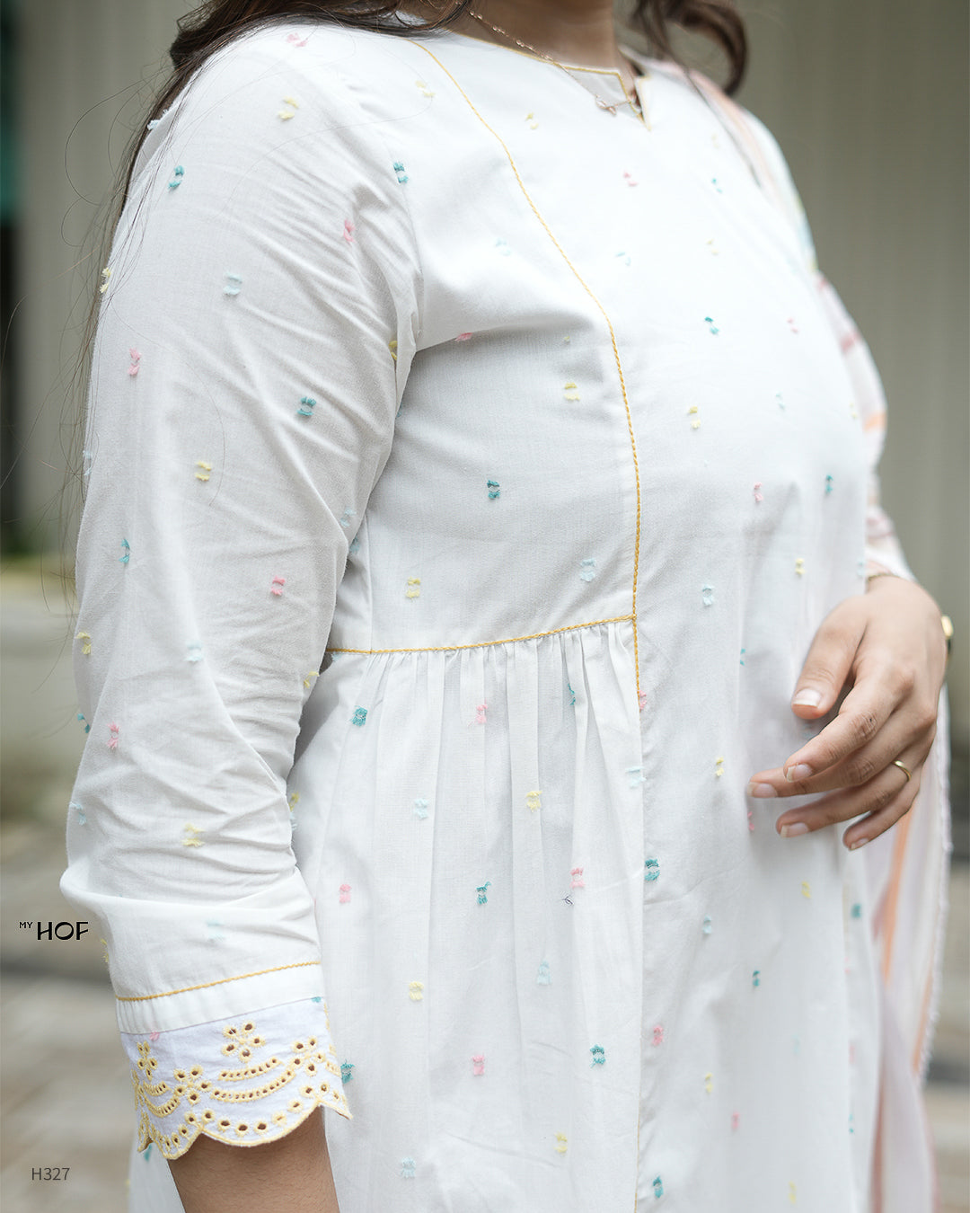 MY HOF White Suit Set With Multi Color Striped Dupatta In Cotton
