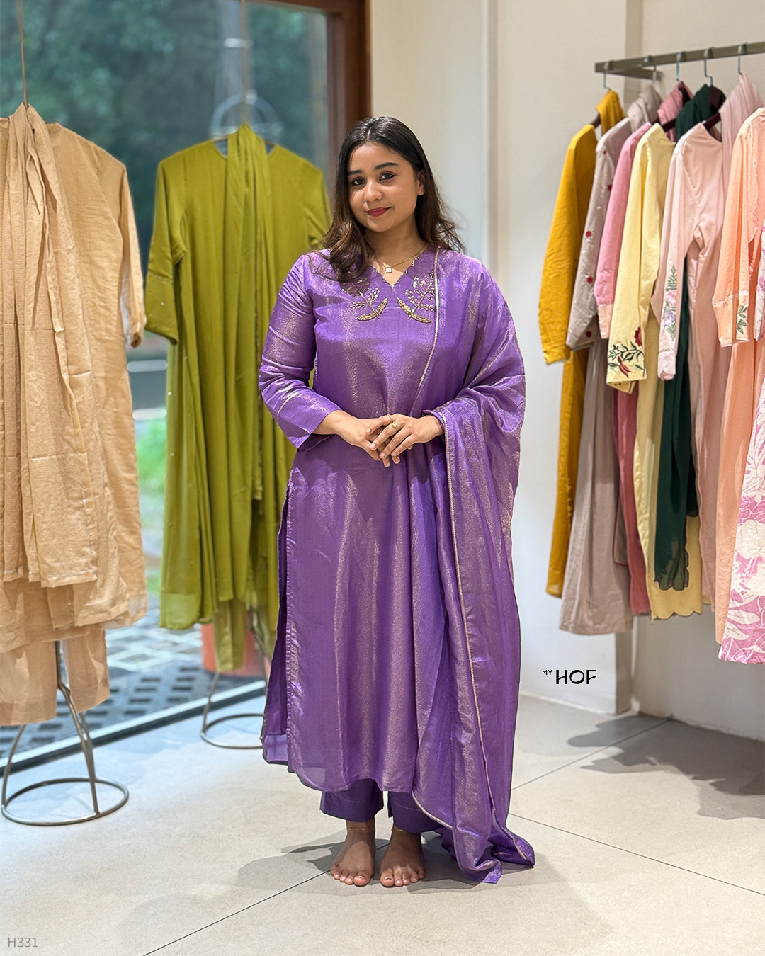 MY HOF Goldish Violet Suit Set With Hand Embroidery In Tissue Silk