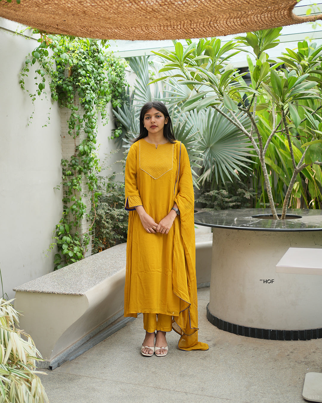 MY HOF Mustard Yellow Suit Set In Georgette