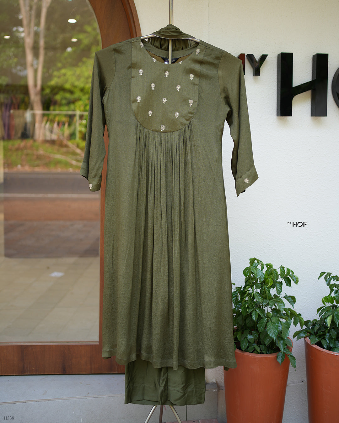 MY HOF Mehendi Green Suit Set In Crepe