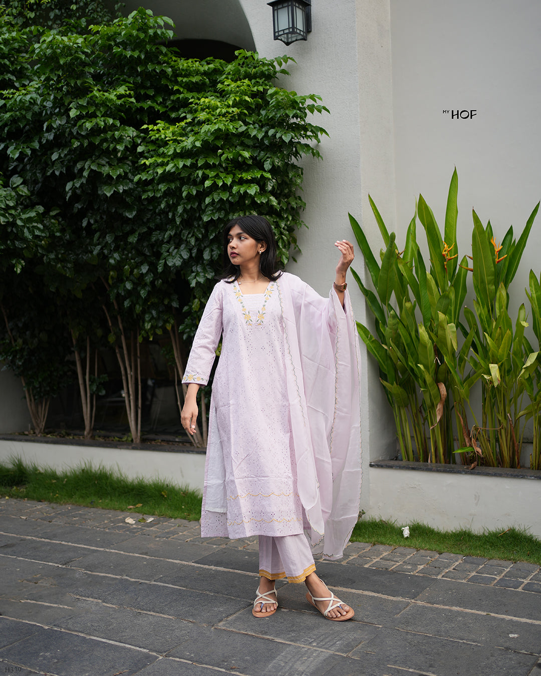 MY HOF Lavender Suit Set With Floral Embroidery In Cotton Hakoba