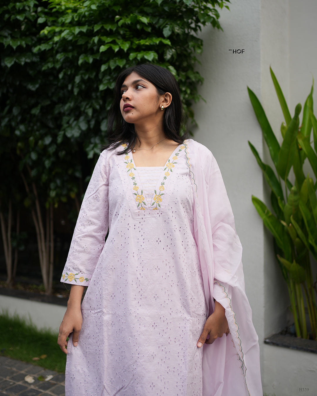 MY HOF Lavender Suit Set With Floral Embroidery In Cotton Hakoba