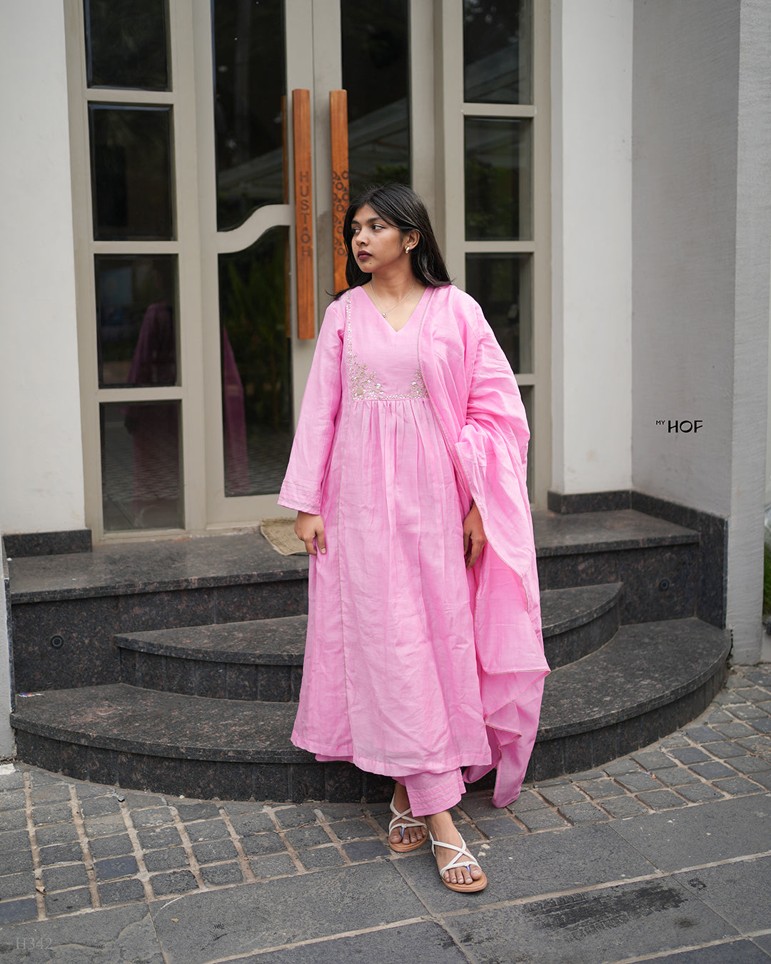 MY HOF Pink Suit Set With Hand Embroidery In Mul Chanderi