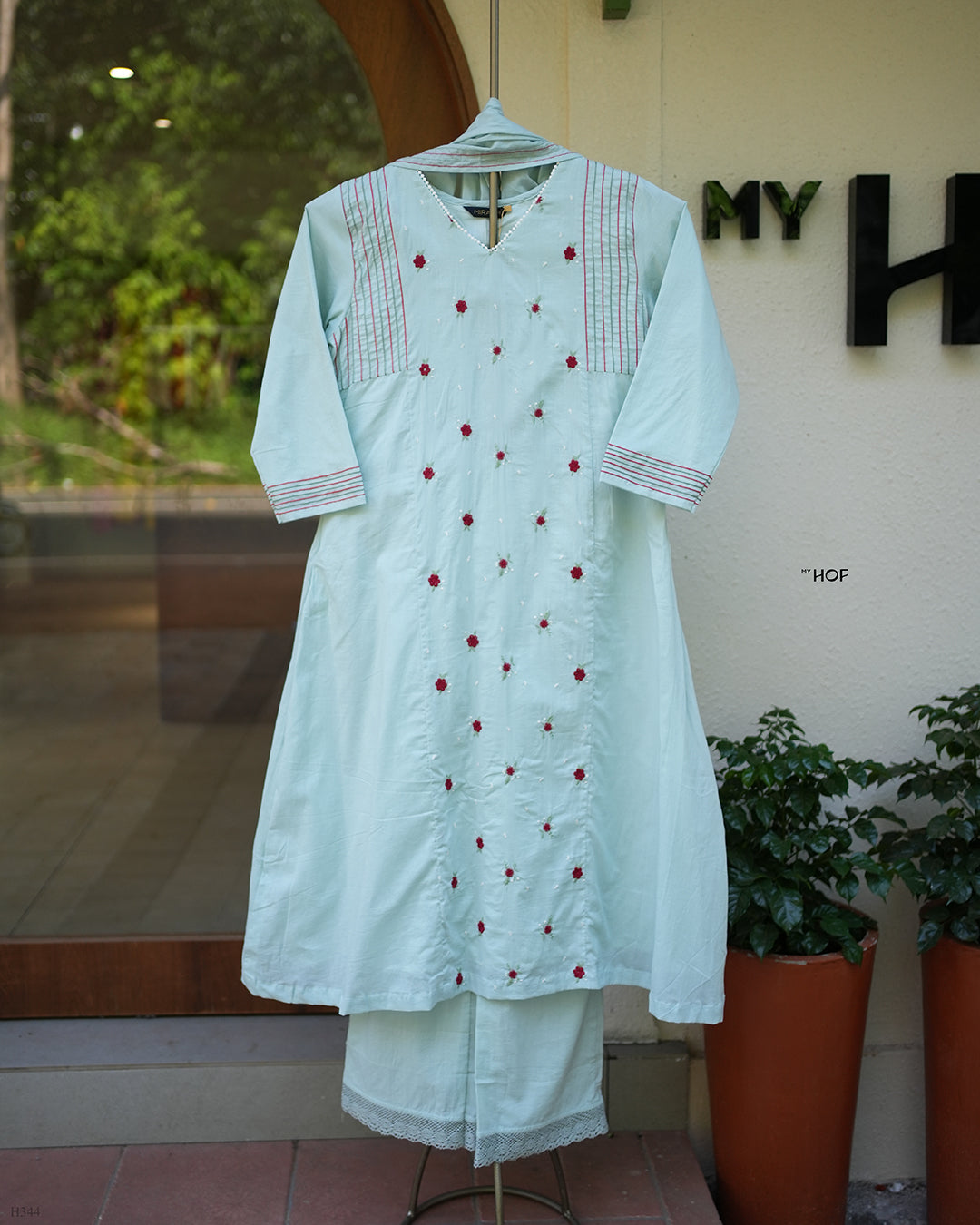 MY HOF Aqua Blue Suit Set With Floral Embroidery In Cotton