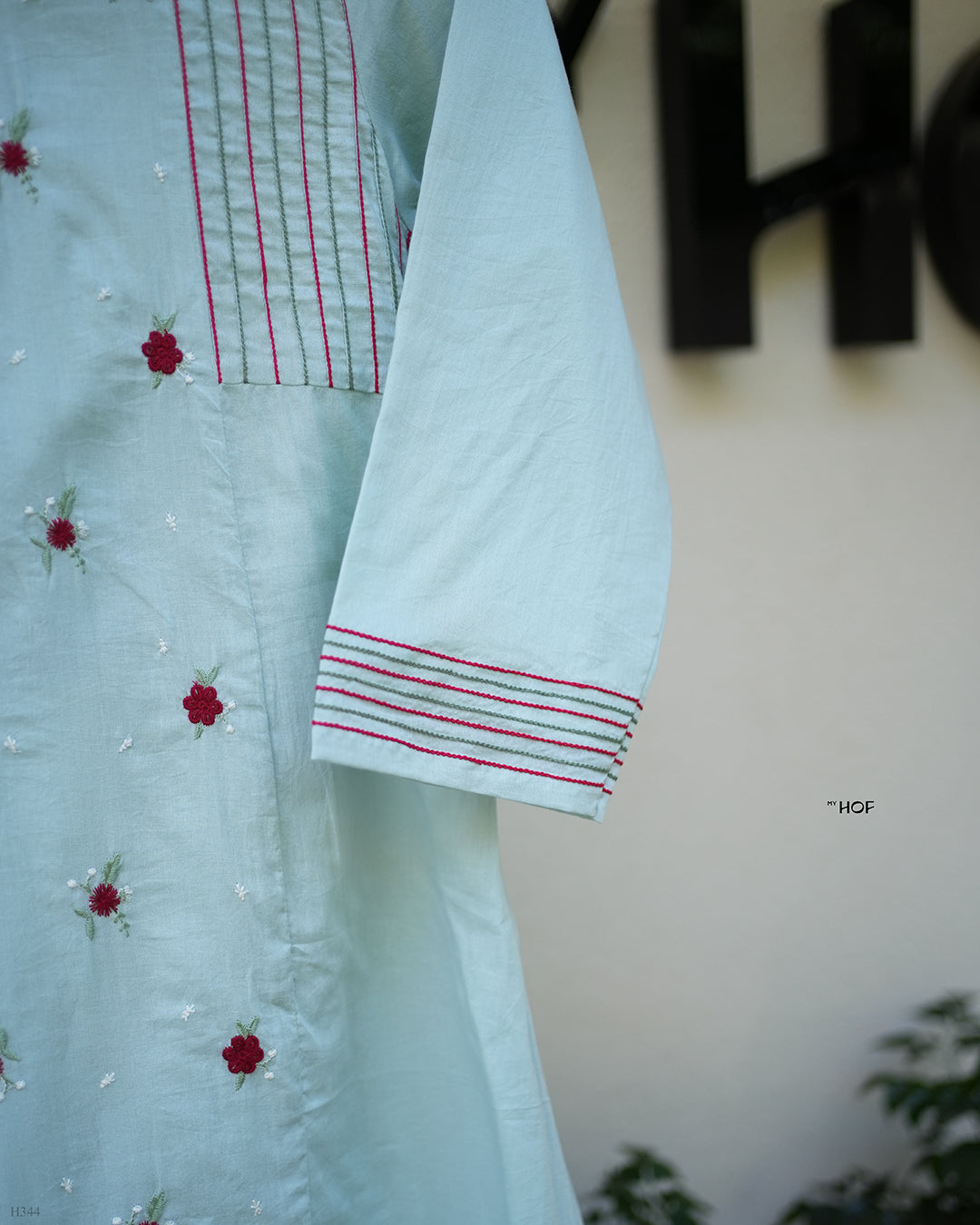 MY HOF Aqua Blue Suit Set With Floral Embroidery In Cotton
