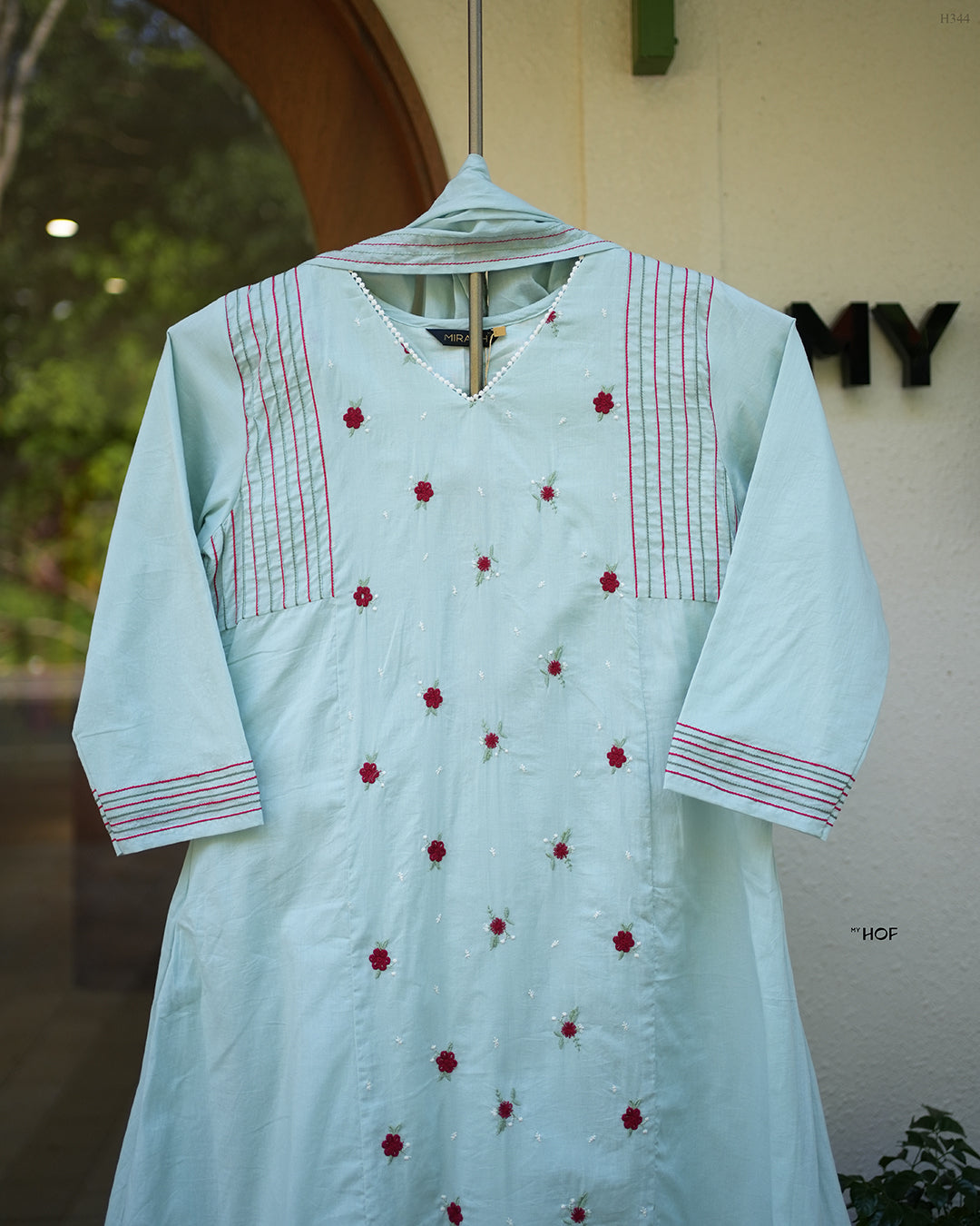 MY HOF Aqua Blue Suit Set With Floral Embroidery In Cotton