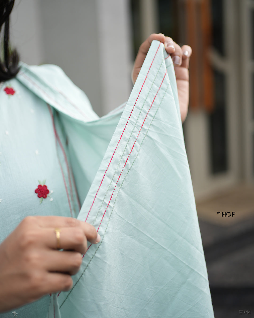 MY HOF Aqua Blue Suit Set With Floral Embroidery In Cotton
