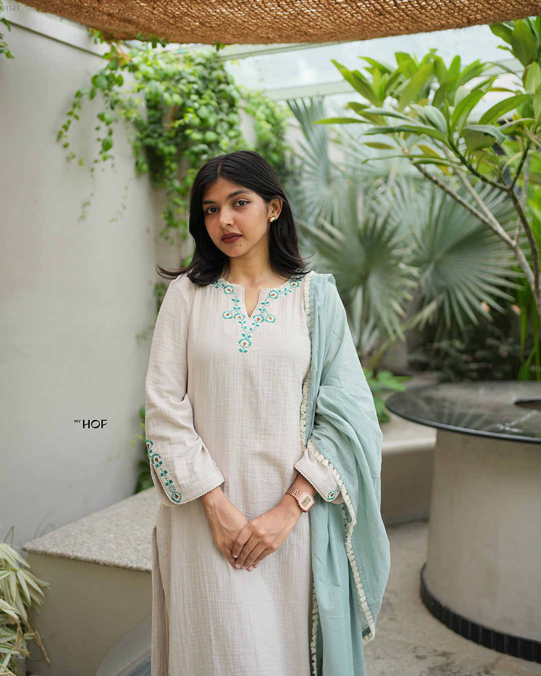 MY HOF Sand Beige Suit Set With Floral Embroidery In Cotton