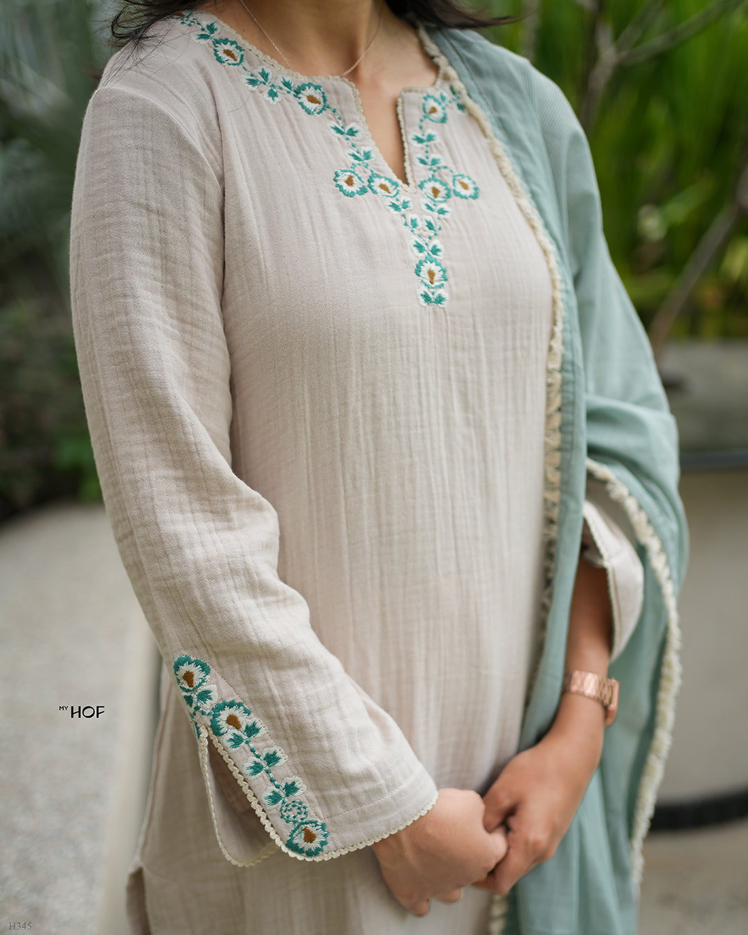 MY HOF Sand Beige Suit Set With Floral Embroidery In Cotton