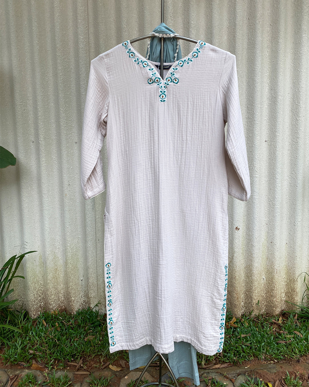 MY HOF Sand Beige Suit Set With Floral Embroidery In Cotton