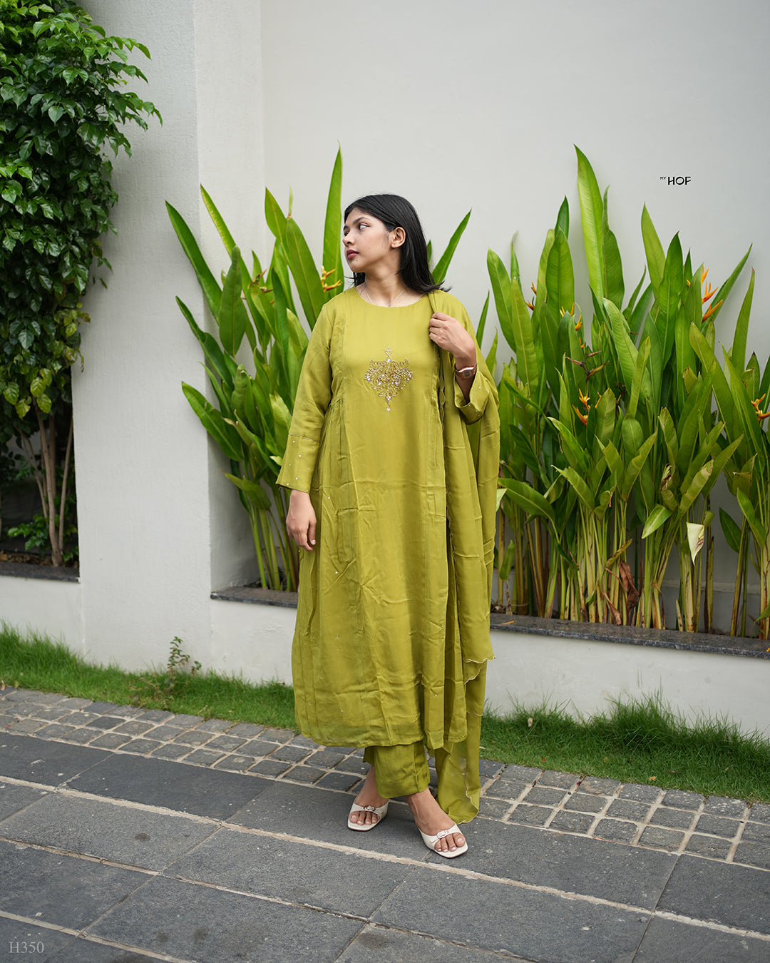 MY HOF Green Suit Set With Floral Hand Embroidery In Georgette