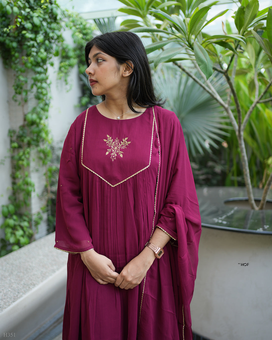 MY HOF Maroon Suit Set With Hand Embroidery In Georgette