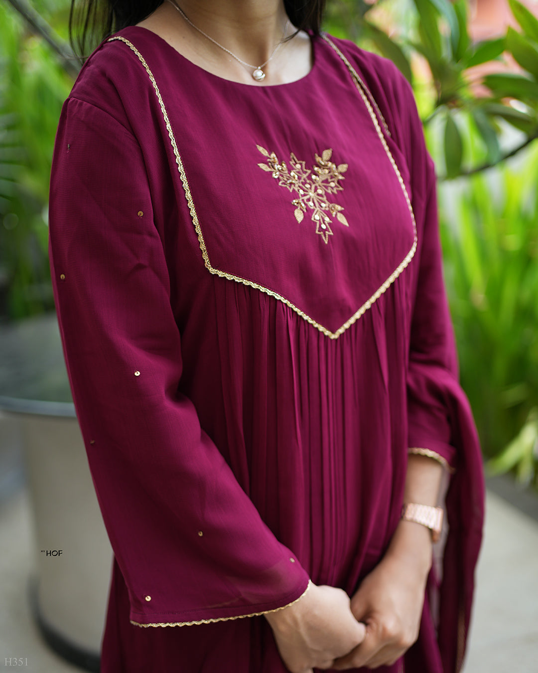 MY HOF Maroon Suit Set With Hand Embroidery In Georgette