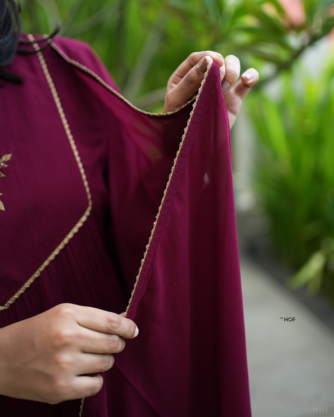 MY HOF Maroon Suit Set With Hand Embroidery In Georgette