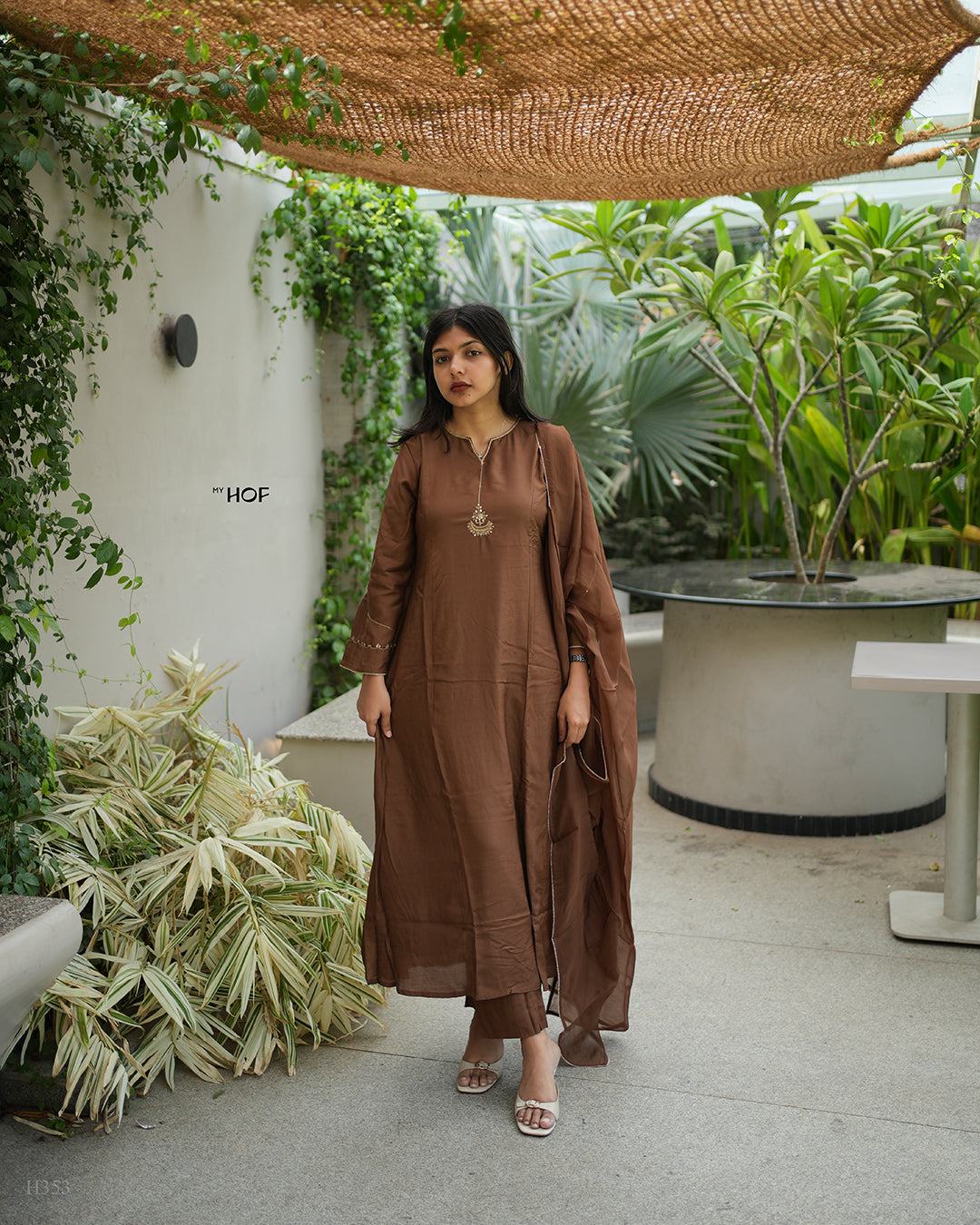 MY HOF Choco Brown Suit Set With Hand Embroidery In Muslin
