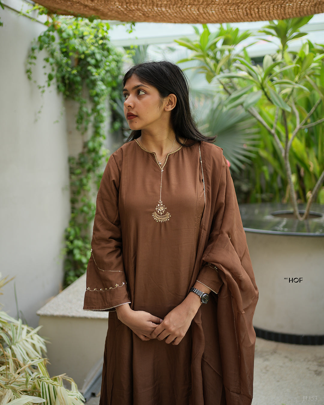 MY HOF Choco Brown Suit Set With Hand Embroidery In Muslin