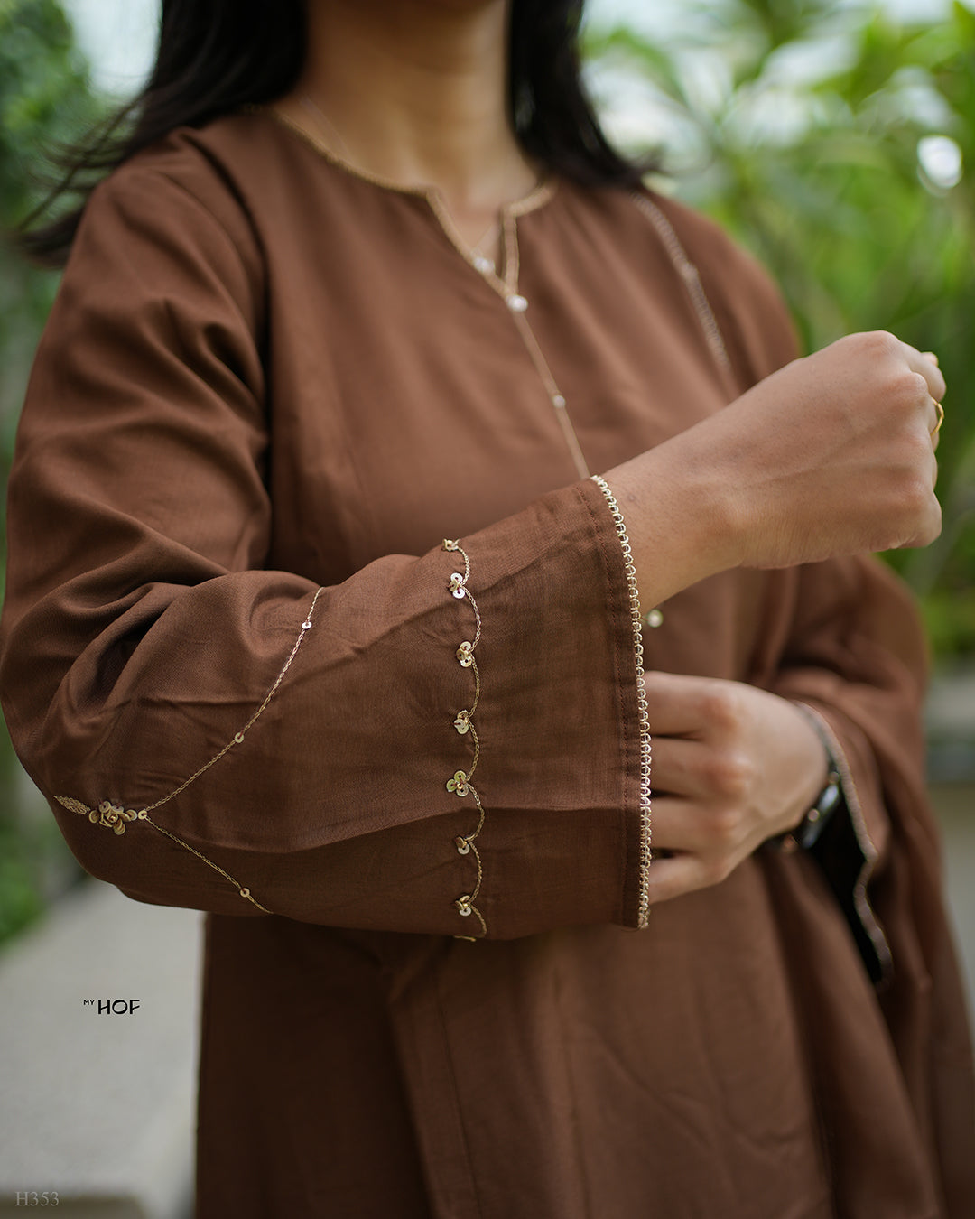 MY HOF Choco Brown Suit Set With Hand Embroidery In Muslin