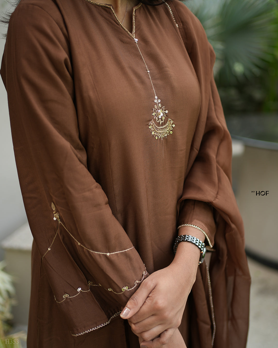 MY HOF Choco Brown Suit Set With Hand Embroidery In Muslin