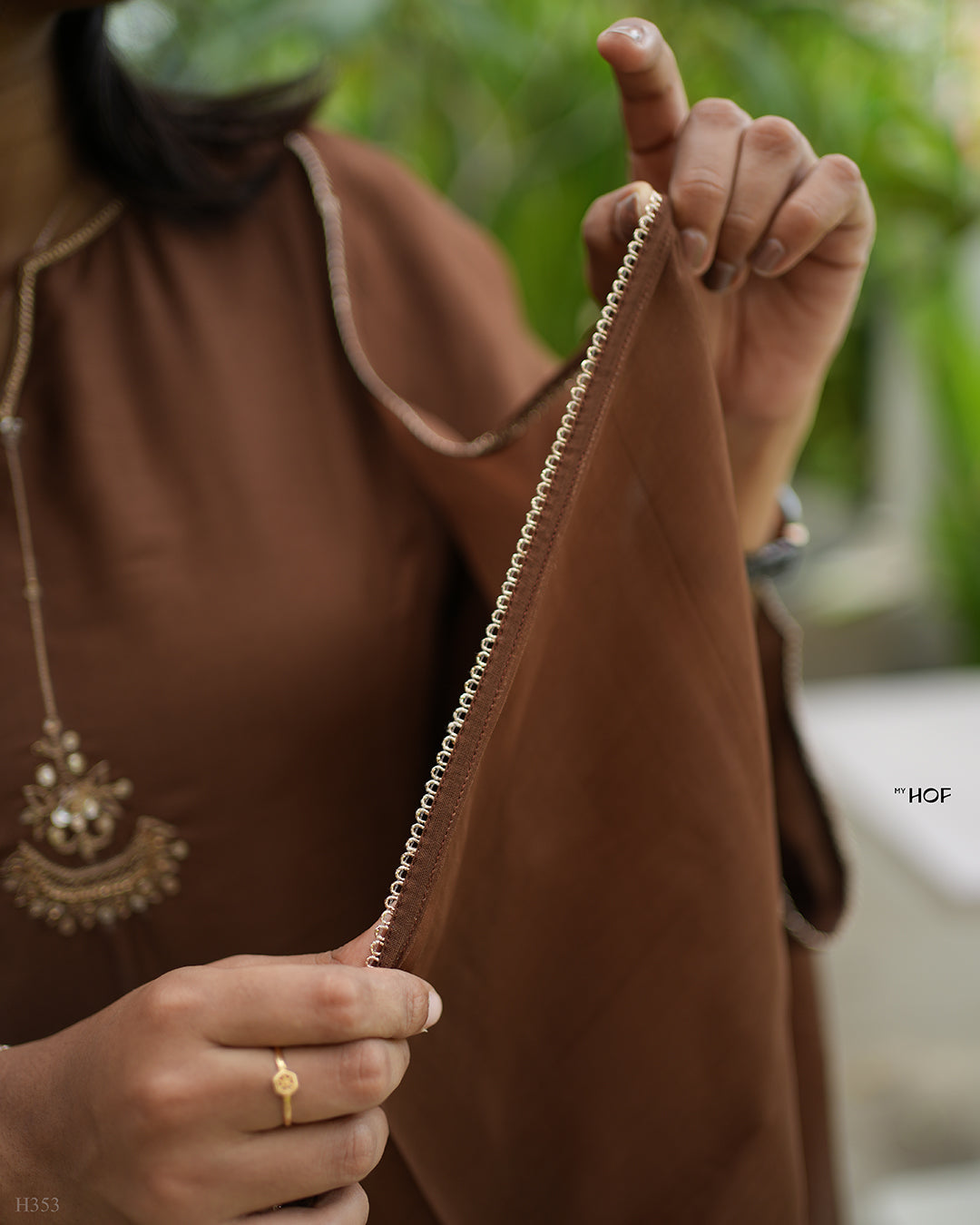 MY HOF Choco Brown Suit Set With Hand Embroidery In Muslin