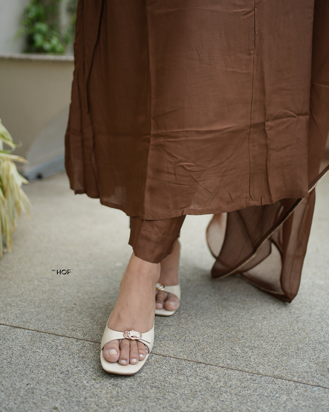 MY HOF Choco Brown Suit Set With Hand Embroidery In Muslin