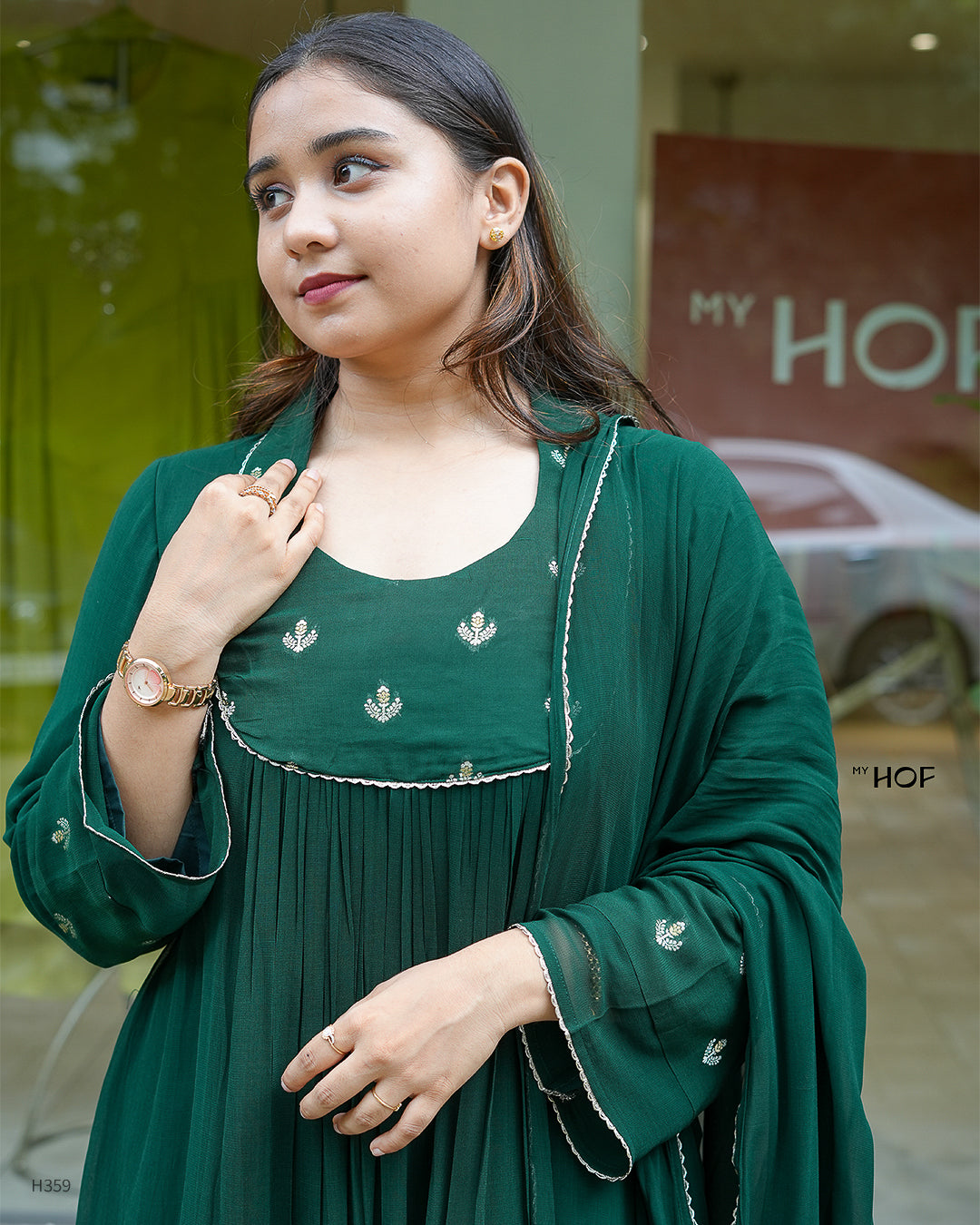 MY HOF Bottle Green Suit Set In Georgette