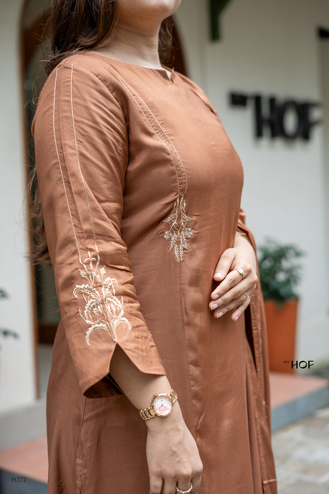 MY HOF Choco Brown Suit With Floral Zari Embroidery In Muslin