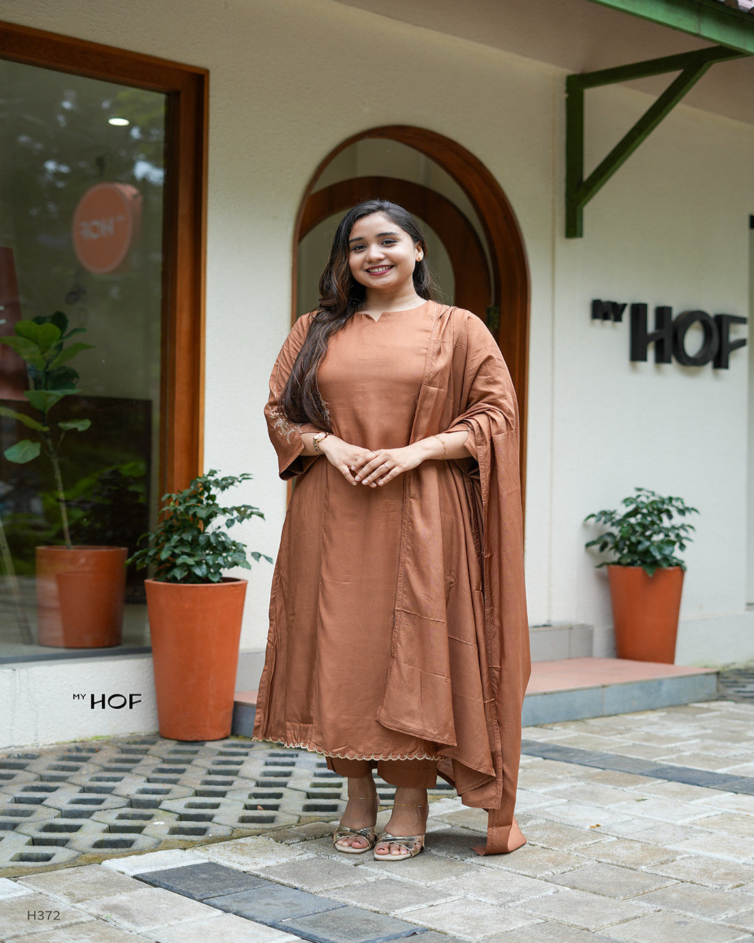 MY HOF Choco Brown Suit With Floral Zari Embroidery In Muslin