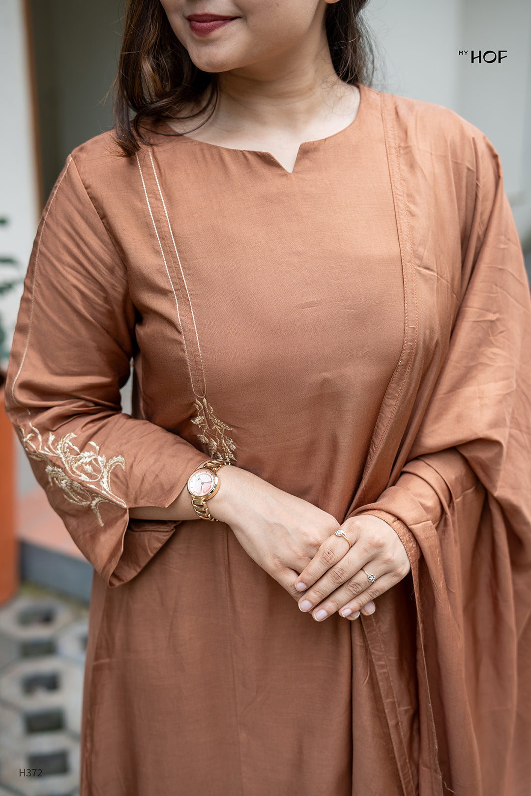 MY HOF Choco Brown Suit With Floral Zari Embroidery In Muslin