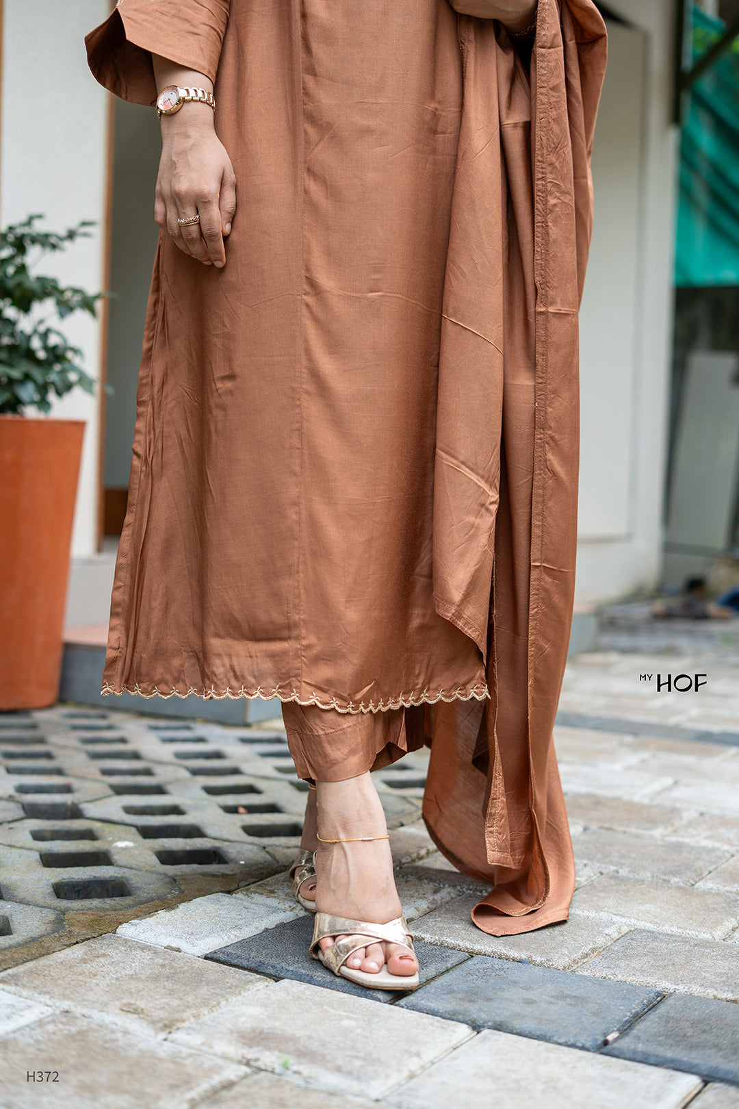 MY HOF Choco Brown Suit With Floral Zari Embroidery In Muslin
