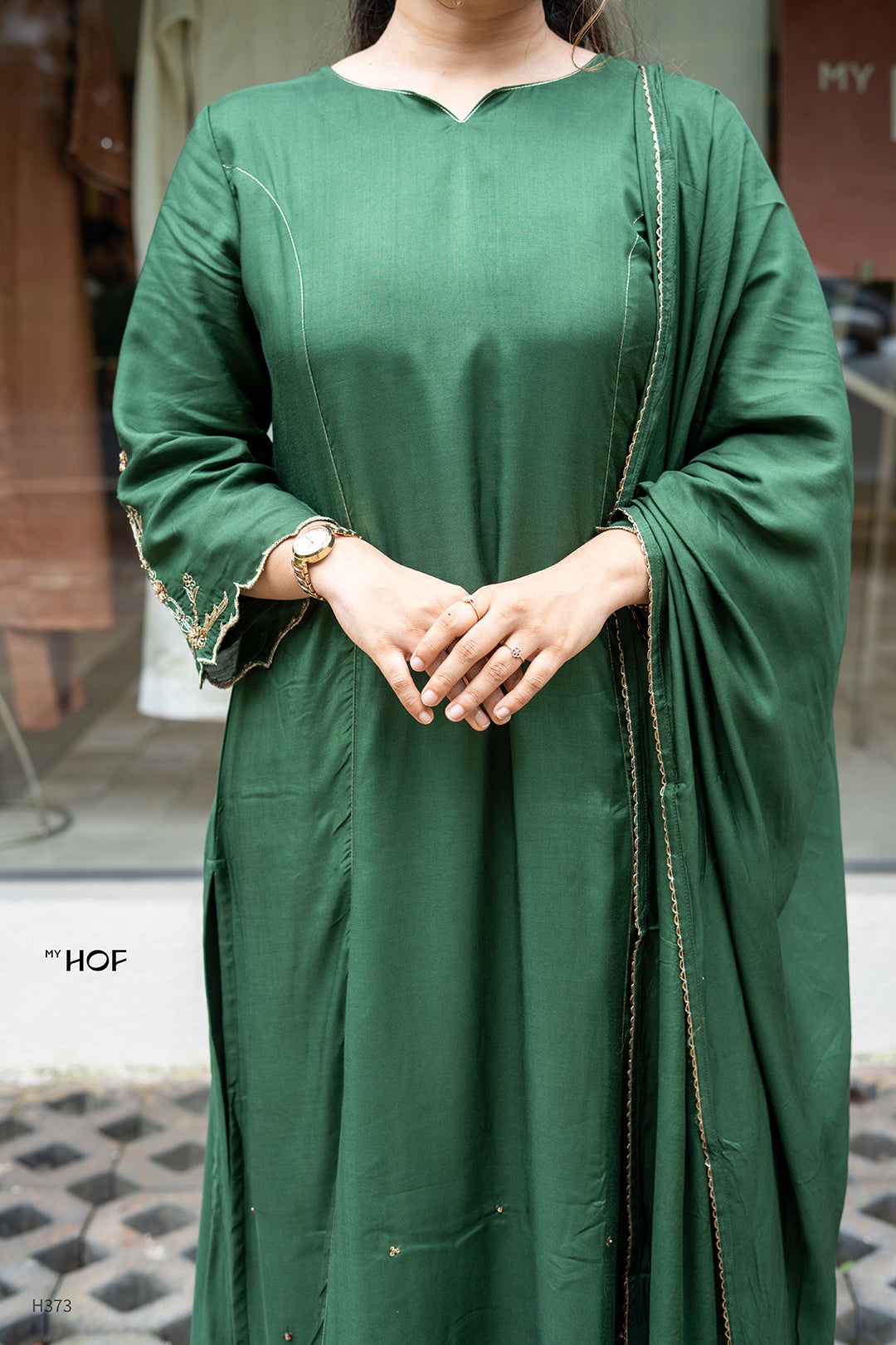 MY HOF Bottle Green Suit Set With Hand Embroidery In Muslin