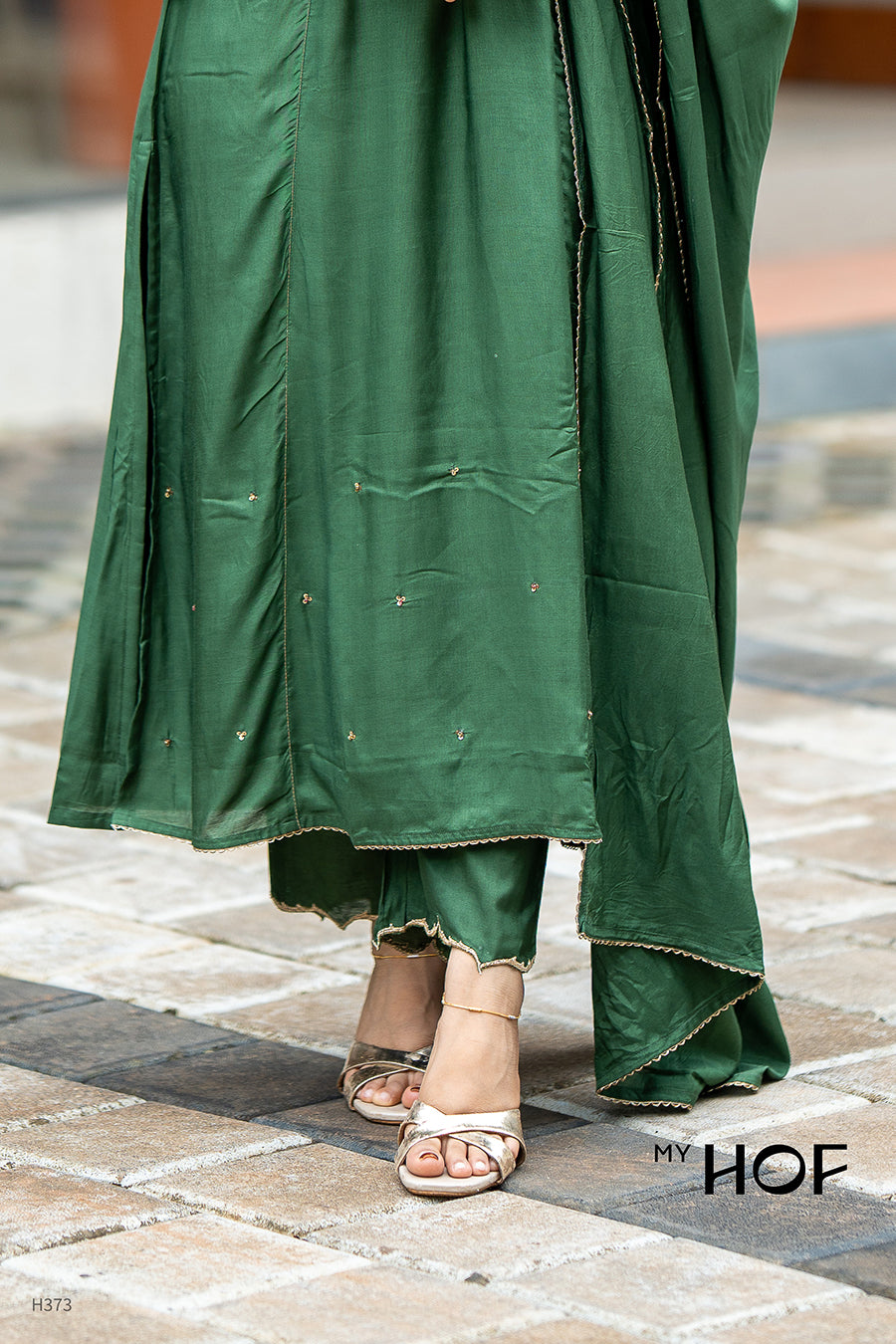 MY HOF Bottle Green Suit Set With Hand Embroidery In Muslin