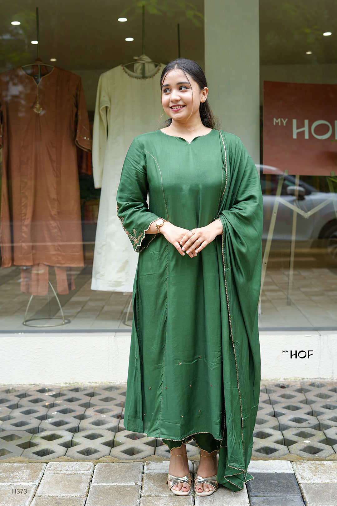 MY HOF Bottle Green Suit Set With Hand Embroidery In Muslin