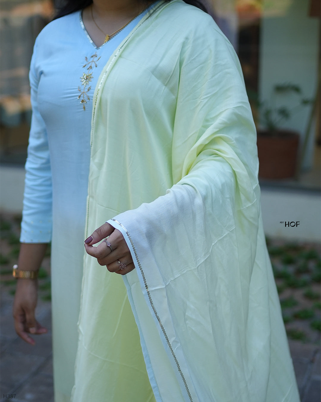 MY HOF Pastel Blue Dual Shade Suit Set In Muslin
