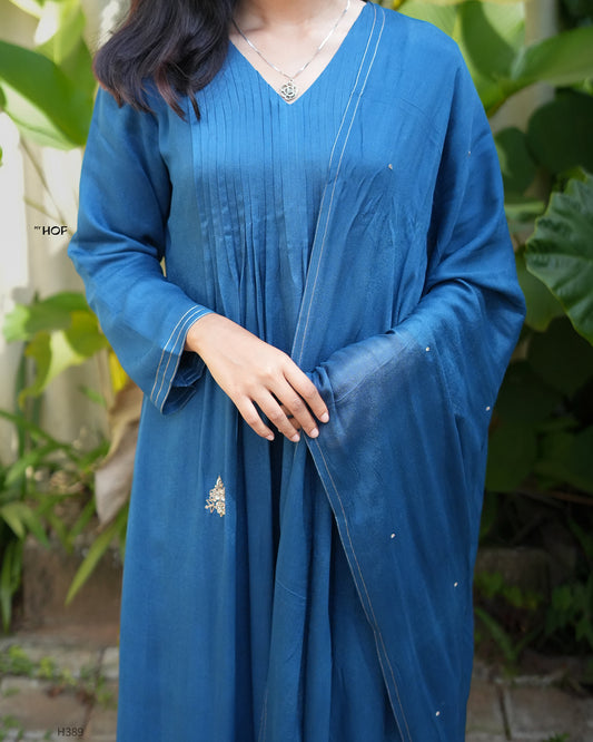 MY HOF Teal Blue Suit Set With Hand Embroidery In Crepe