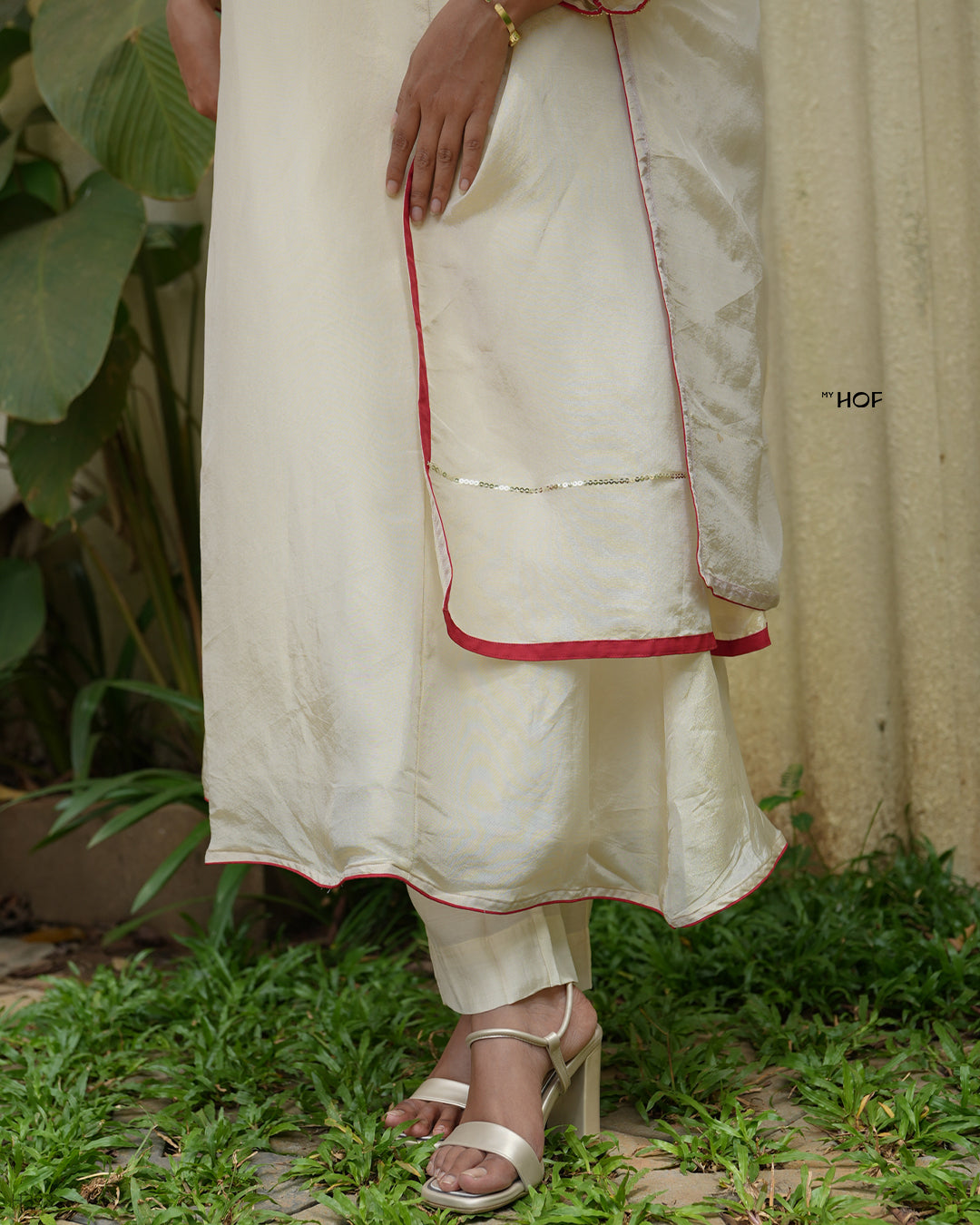 MY HOF Goldish Off White Suit With Hand Embroidery In Tissue Silk