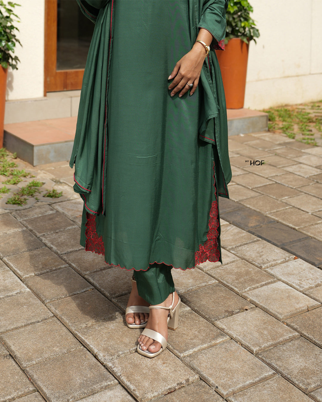 MY HOF Bottle Green Suit Set With Floral Embroidery In Muslin